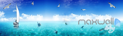 Image of 3D Dophins Playing Sail Boat Seagull Ceiling Entire Room Wallpaper Wall Mural Art Decor IDCQW-000216