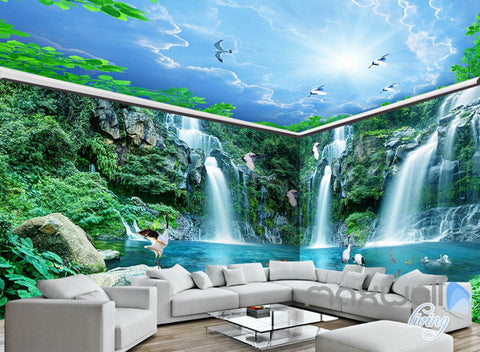 Image of 3D Long Waterfall Mountain Blue Sky Mountain Entire Room Wallpaper Wall Mural Art Decor IDCQW-000218