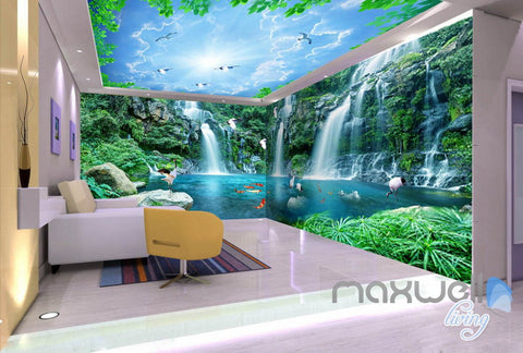 Image of 3D Long Waterfall Mountain Blue Sky Mountain Entire Room Wallpaper Wall Mural Art Decor IDCQW-000218