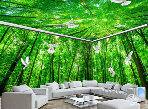 Image of 3D Pigeon Green Forest Tree Top Entire Living Room Wallpaper Wall Mural Art Decor IDCQW-000219
