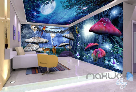 Image of 3D Fantacy Moon Forest Mashroom Animals Entire Room Bedroom Wallpaper Wall Mural Art IDCQW-000221