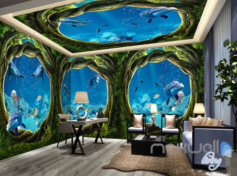 Image of 3D Undersea Cave Hole Dophins Entire Room Bedroom Wallpaper Wall Mural Art IDCQW-000225