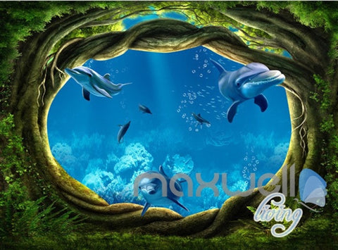 Image of 3D Undersea Cave Hole Dophins Entire Room Bedroom Wallpaper Wall Mural Art IDCQW-000225