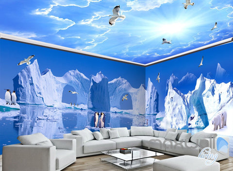 Image of 3D Iceberg Penguin Blue Sky Ceiling Entire Living Room Wallpaper Wall Mural Art IDCQW-000226