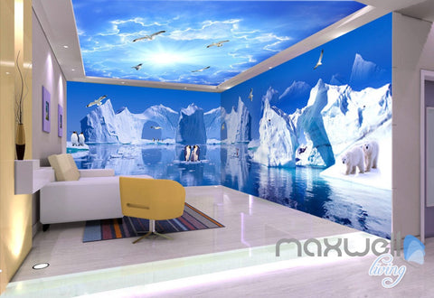 Image of 3D Iceberg Penguin Blue Sky Ceiling Entire Living Room Wallpaper Wall Mural Art IDCQW-000226