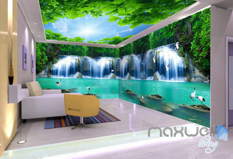 Image of 3D Crane Bird Waterfall Forest Entire Living Room Wallpaper Wall Mural Art Prints IDCQW-000231