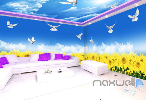 Image of 3D Sunflower Field Pigeon Entire Living Room Wallpaper Wall Mural Art Decor Prints IDCQW-000234