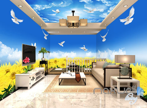 Image of 3D Sunflower Field Pigeon Entire Living Room Wallpaper Wall Mural Art Decor Prints IDCQW-000234