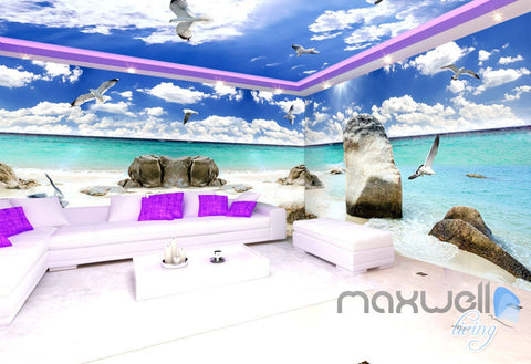 Image of 3D Beach Ocean Seagull Clouds Sky Ceiling Entire Living Room Wall Mural Art Decor IDCQW-000236