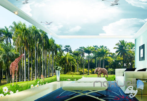 Image of 3D African Grassland Animals Sky Ceiling Entire Living Rooom Wall Mural Art Decor IDCQW-000237