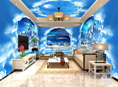 Image of 3D Clouds Stairs Spacecraft Astronauts Entire Living Room Wallpaper Wall Mural Art IDCQW-000238