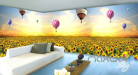 Image of 3D Hot Airballon Sunflower Field Entire Living Room Wallpaper Wall Mural Decor IDCQW-000250