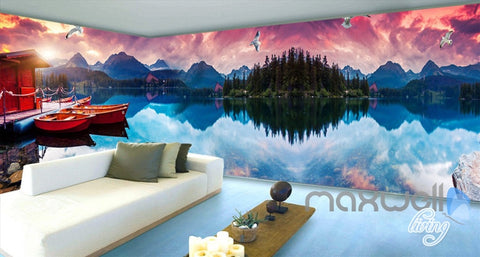 Image of 3D Moutains Reflection in Water Sunset Glow Entire Living Room Wallpaper Wall Mural IDCQW-000252