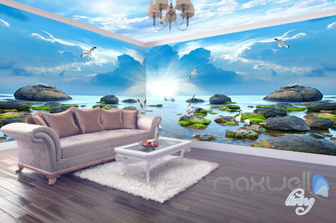 Image of 3D Sunrise Lakes Birds Clouds Sky Entire Living Room Wallpaper Wall Mural Art IDCQW-000255