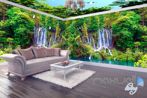 Image of 3D Waterfall Green Forest Entire Living Room Business Wallpaper Wall Mural Art IDCQW-000256
