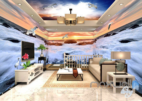 Image of 3D Rising Tide Sunset Seagull Entire Living Room Business Wallpaper Wall Mural Art IDCQW-000257