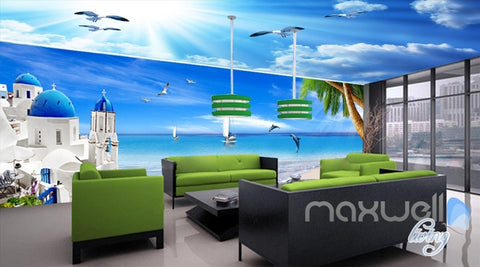 Image of 3D Mediterranean Palm Tree Ocean Entire Living Room Office Wallpaper Wall Mural IDCQW-000265