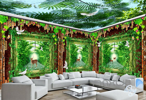 Image of 3D Wood Windows Forest Deer Entire Living Room Bedroom Wallpaper Wall Mural Art IDCQW-000267