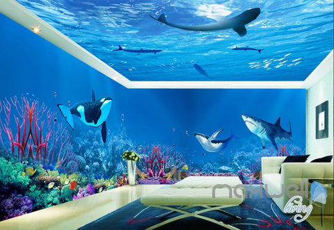 Image of 3D Whale Shark Underwater Ceiling Entire Living Room Bathroom Wallpaper Wall Mural IDCQW-000276