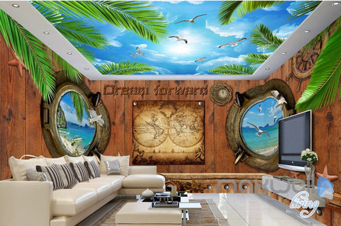 Image of 3D Portholes Wood Sea Map Entire Living Room Business Wallpaper Wall Mural Art IDCQW-000286