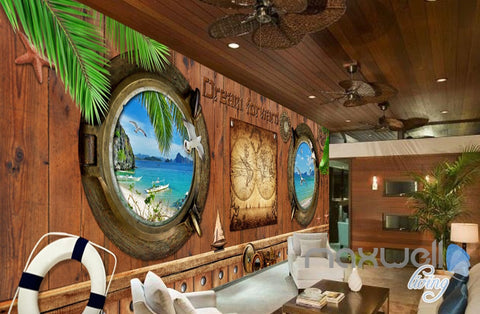 Image of 3D Portholes Wood Sea Map Entire Living Room Business Wallpaper Wall Mural Art IDCQW-000286
