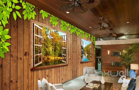 Image of 3D Wood Cabin Windsows River Entire Living Room Business Wallpaper Wall Mural Art IDCQW-000287