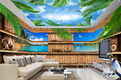 Image of 3D Wood Cabin Inside Windows Beach Entire Living Room Business Wallpaper Wall Mural IDCQW-000288