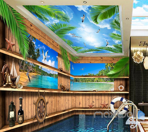 Image of 3D Wood Cabin Inside Windows Beach Entire Living Room Business Wallpaper Wall Mural IDCQW-000288