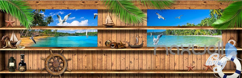 Image of 3D Wood Cabin Inside Windows Beach Entire Living Room Business Wallpaper Wall Mural IDCQW-000288