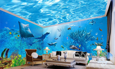 Image of 3D Underwater Rays Fish Shimmering Water Ceiling Entire Living Room Wallpaper Wall Mural IDCQW-000293