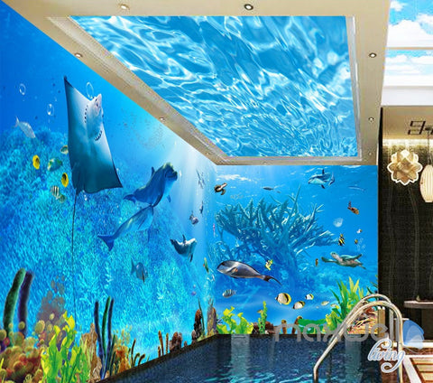 Image of 3D Underwater Rays Fish Shimmering Water Ceiling Entire Living Room Wallpaper Wall Mural IDCQW-000293