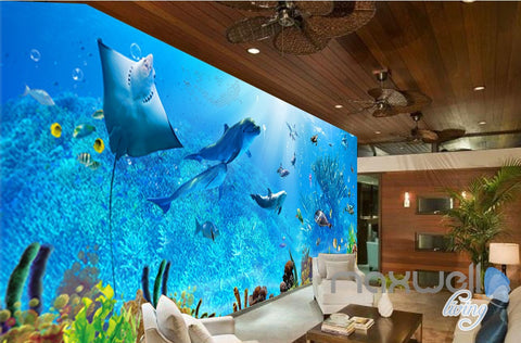 Image of 3D Underwater Rays Fish Shimmering Water Ceiling Entire Living Room Wallpaper Wall Mural IDCQW-000293