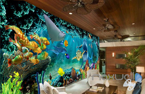 Image of 3D Shark Chasing Turtle Entire Living Room Bathroom Wallaper Wall Mural Art Prints IDCQW-000294