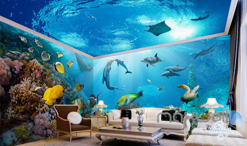Image of 3D Tropical Fish Coral Underwater Entire Living Room Bathroom Wallpaper Wall Mural Decal IDCQW-000295
