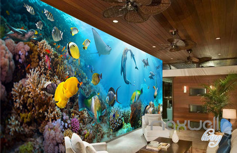 Image of 3D Tropical Fish Coral Underwater Entire Living Room Bathroom Wallpaper Wall Mural Decal IDCQW-000295