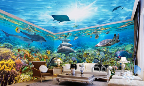 Image of 3D Dophins Playing Coral Reef Entire Living Room Bathroom Wallpaper Wall Mural Decal IDCQW-000296