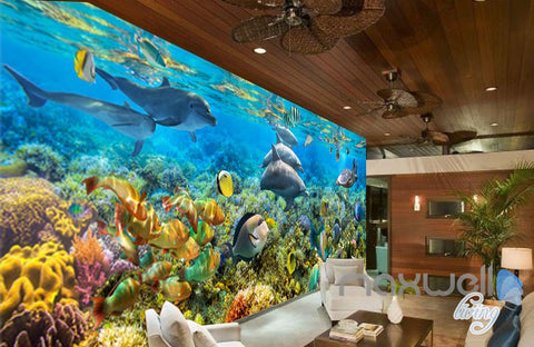 Image of 3D Dophins Playing Coral Reef Entire Living Room Bathroom Wallpaper Wall Mural Decal IDCQW-000296