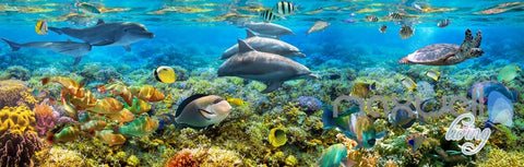Image of 3D Dophins Playing Coral Reef Entire Living Room Bathroom Wallpaper Wall Mural Decal IDCQW-000296