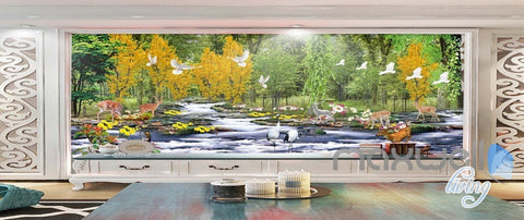 Image of 3D Forest River Deer Entire Living Room Bedroom Wallpaper Wall Mural Decal Art Prints IDCQW-000297