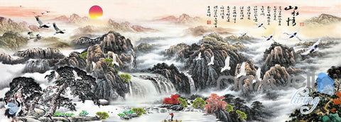 Image of 3D Classic Chinese Style Mountain Sunrise Entire Living Room Wallpaper Wall Mural Decal IDCQW-000301