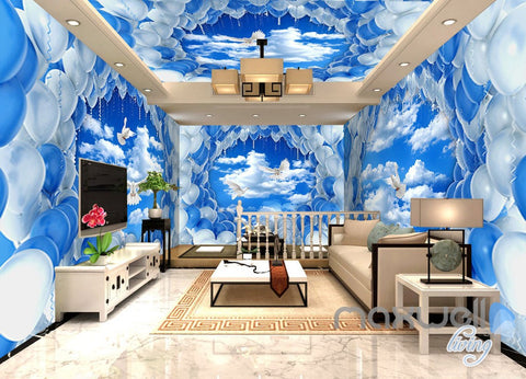 Image of 3D Pigeons White Blue Balloon Sky Entire Living Room Wallpaper Wall Mural Decal Art IDCQW-000302