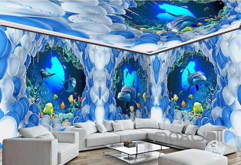 Image of 3D Dophins Pass Through White Blue Ballon Entire Living Room Wallpaper Wall Mural Decal Art IDCQW-000303