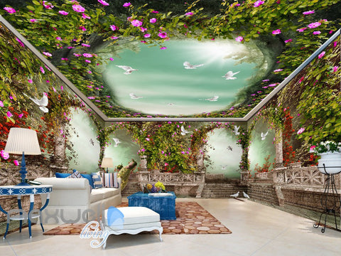 Image of 3D Peacock Arch Garden Stairs Wall Murals Wallpaper Decals Art Print Decor IDCQW-000324