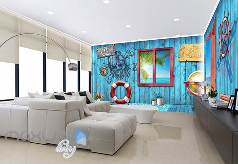 Image of 3D Blue Beach Side Cabin Window Wall Murals Wallpaper Paper Art Print Decor IDCQW-000337