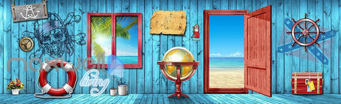 Image of 3D Blue Beach Side Cabin Window Wall Murals Wallpaper Paper Art Print Decor IDCQW-000337