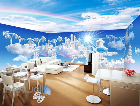 Image of 3D Clouds Castle Fantacy Unicorn Wall Mural Wallpaper Paper Art Print Decor IDCQW-000344