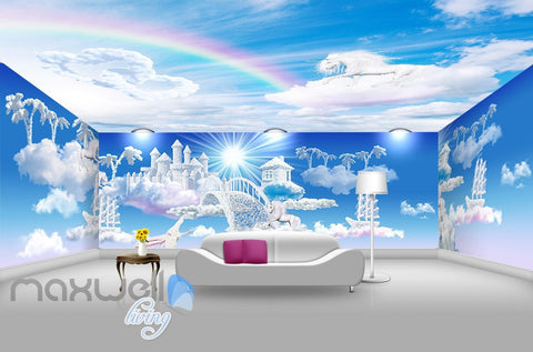 Image of 3D Clouds Castle Fantacy Unicorn Wall Mural Wallpaper Paper Art Print Decor IDCQW-000344