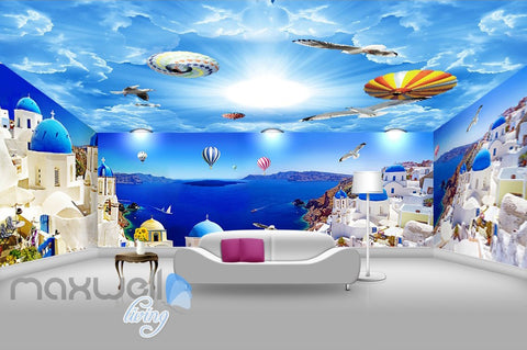 Image of 3D Blue Ocean Hot Air Ballon Wall Mural Wallpaper Paper Art Print Decor IDCQW-000345