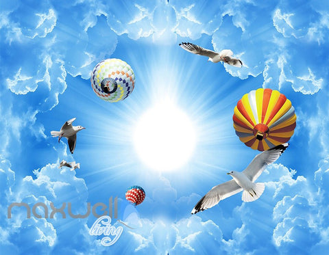 Image of 3D Blue Ocean Hot Air Ballon Wall Mural Wallpaper Paper Art Print Decor IDCQW-000345