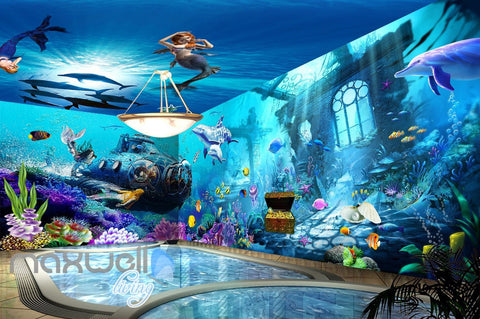 Image of 3D Underwater Mermaid Dophin Wall Murals Wallpaper Paper Art Print Decor IDCQW-000348